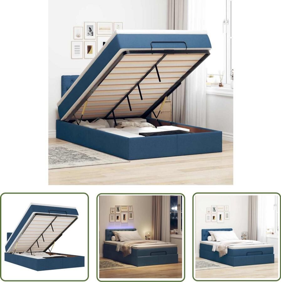 VidaXL The Living Store Bed poef met matras en LED's 120x190 cm stof blauw Poef Bed Boxspring Bed Tweepersoonsbed Slaapbank Stapelbed