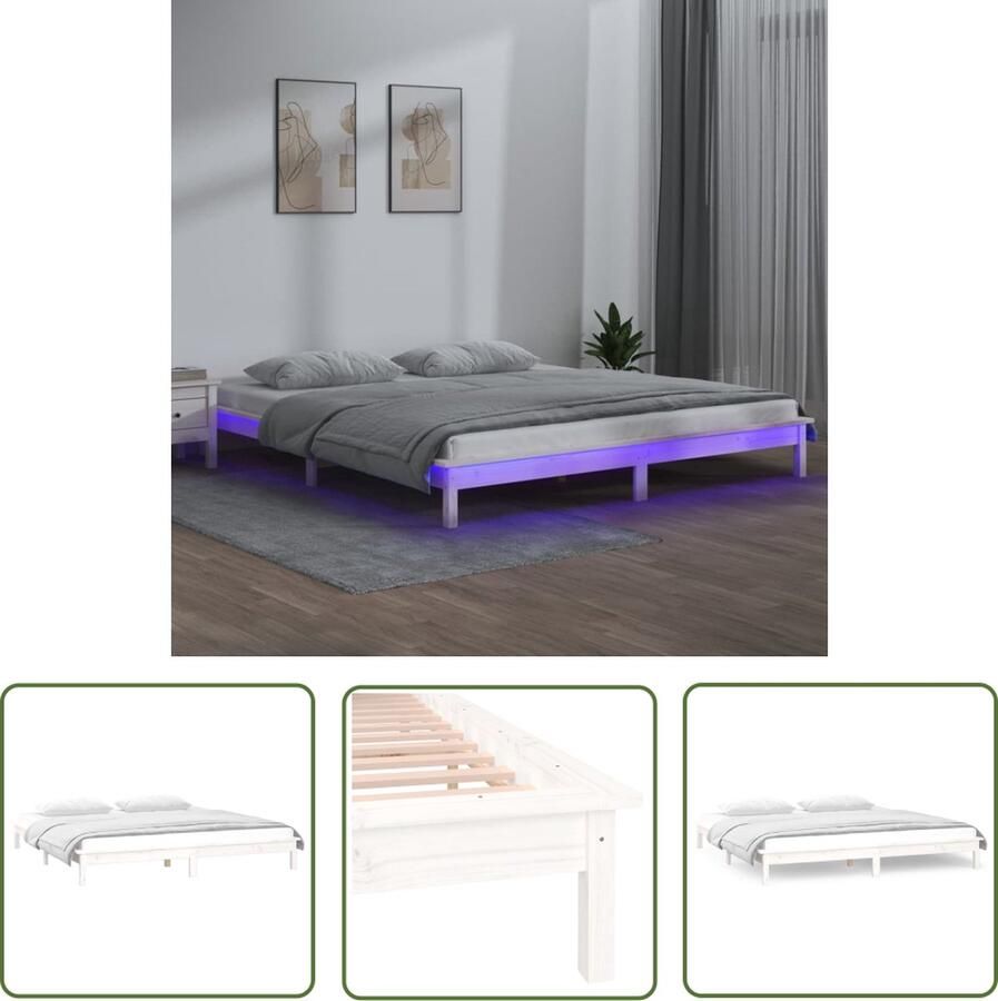 VidaXL The Living Store Bedframe Grenenhout LED 120x190 cm Wit Massief Stabiel RGB LED