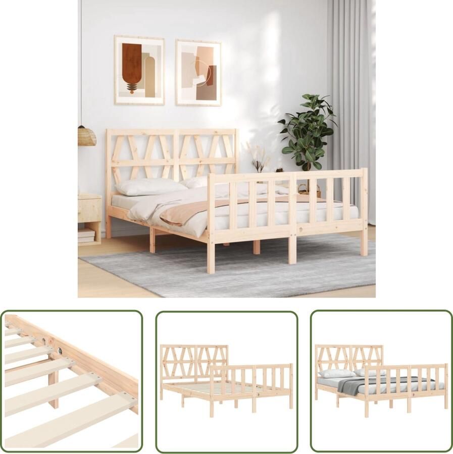 VidaXL The Living Store Bedframe Massief Grenenhout 205.5 x 145.5 x 100 cm Multiplex Lattenbodem Functioneel hoofd- en voeteneinde Geen matras inbegrepen