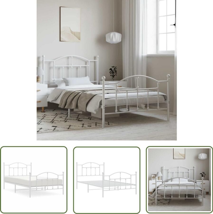 VidaXL The Living Store Bedframe met hoofd- en voeteneinde metaal wit 100x200 cm Wit Bed Frame Stalen Bedframe Klassieke Bed Met Opbergruimte Tweepersoons Bed