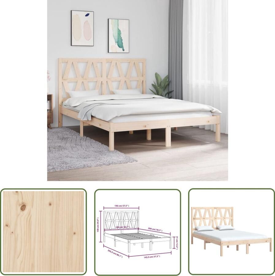 VidaXL The Living Store Bedframe The Living Store Grenenhouten Massief 205.5 x 145.5 x 31 cm Comfortabel hoofdbord 140 x 200 cm geschikt Onbehandeld
