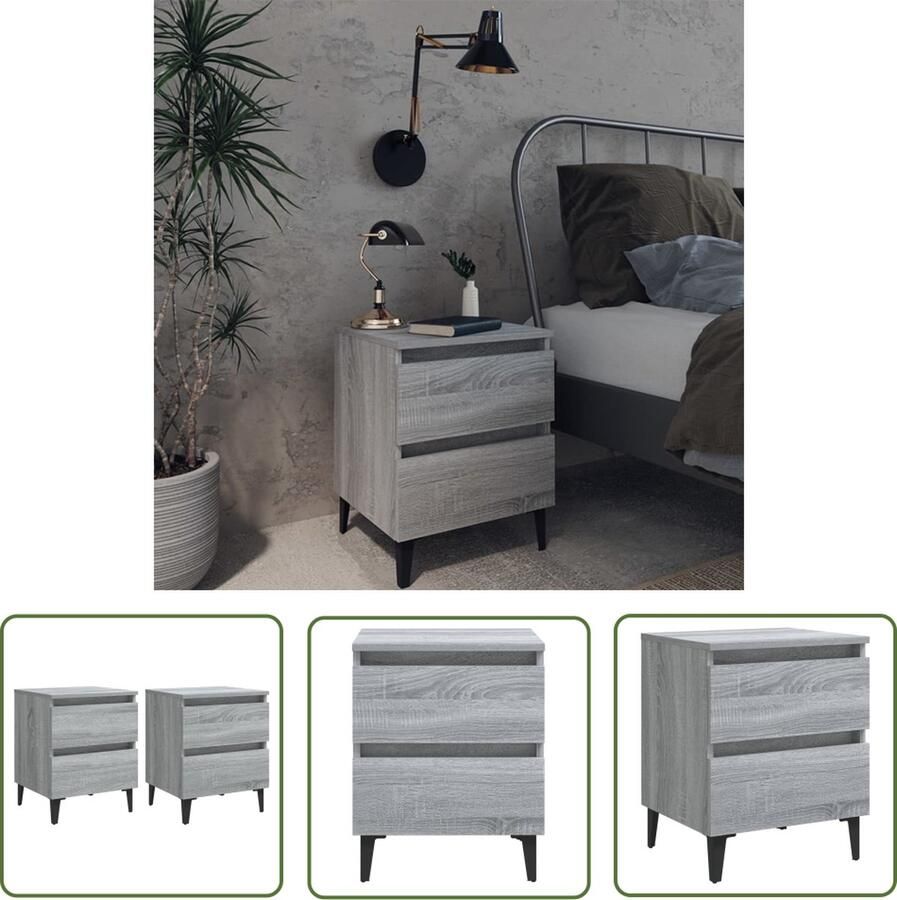 The Living Store Nachtkastjes 2 st met metalen poten 40x35x50 cm grijs sonoma Kast - Foto 2
