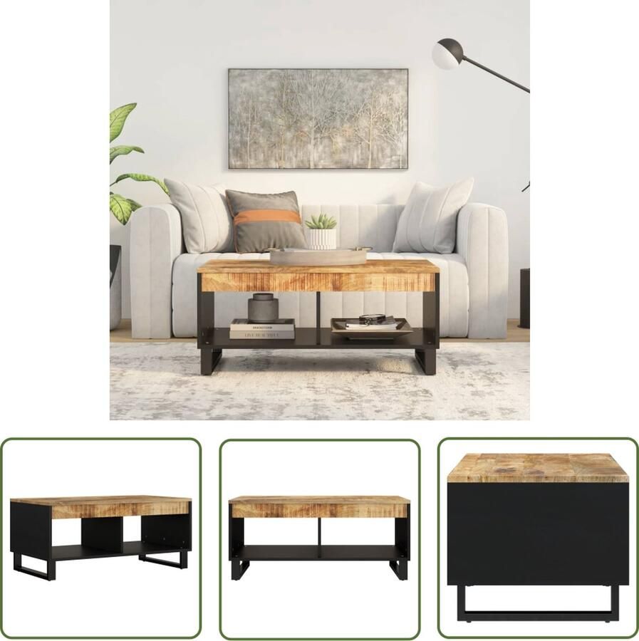 VidaXL The Living Store Bijzettafel Massief mangohout Veel opbergruimte Stevig tafelblad IJzeren poten 90x50x40 cm Bijzettafel Salontafel Mango Wood Meubilair Houten Bijzet Tafeltje Industriële Salontafel