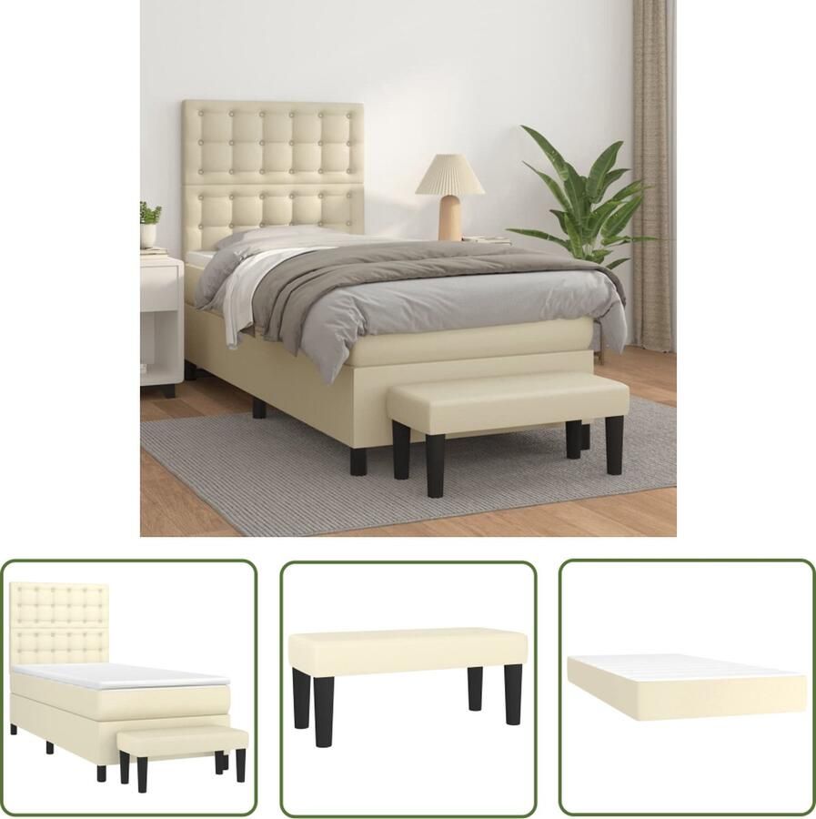 VidaXL The Living Store Boxspringbed Crème Kunstleer 203x100x118 128 cm Verstelbaar hoofdbord Pocketvering matras Huidvriendelijk topmatras Multifunctioneel bankje