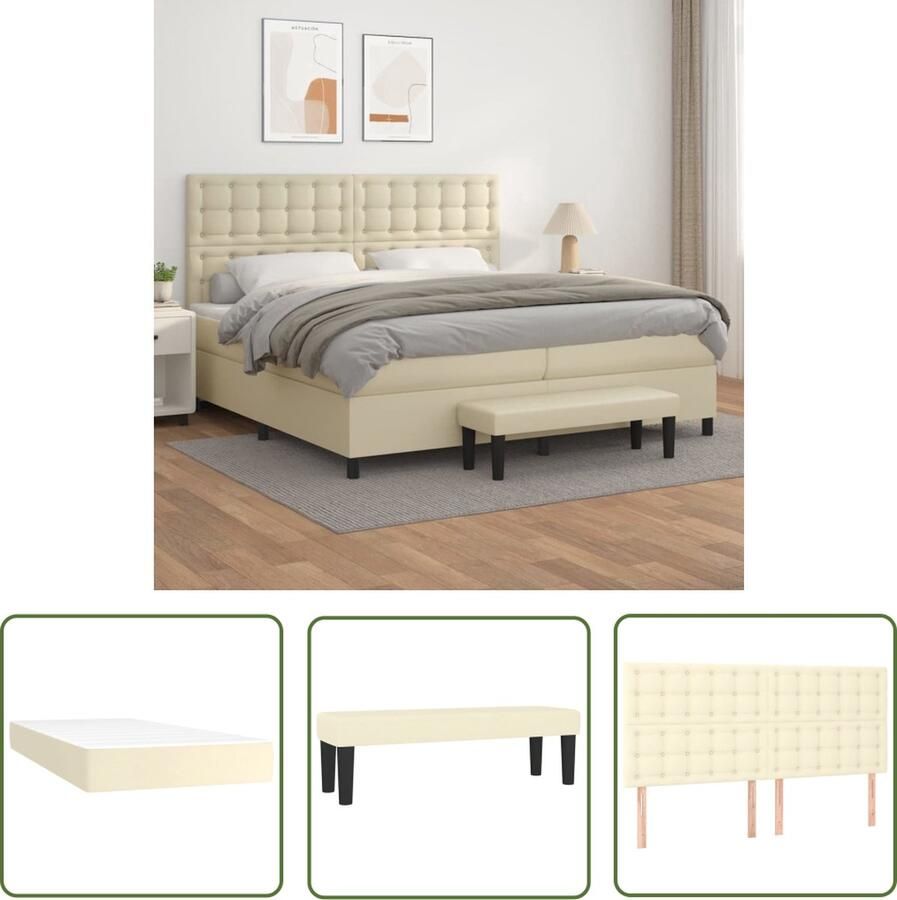 VidaXL The Living Store Boxspringbed Crème Kunstleer 203x200x118 128 cm Verstelbaar hoofdbord Pocketvering matras Middelharde ondersteuning Huidvriendelijk topmatras Multifunctioneel bankje