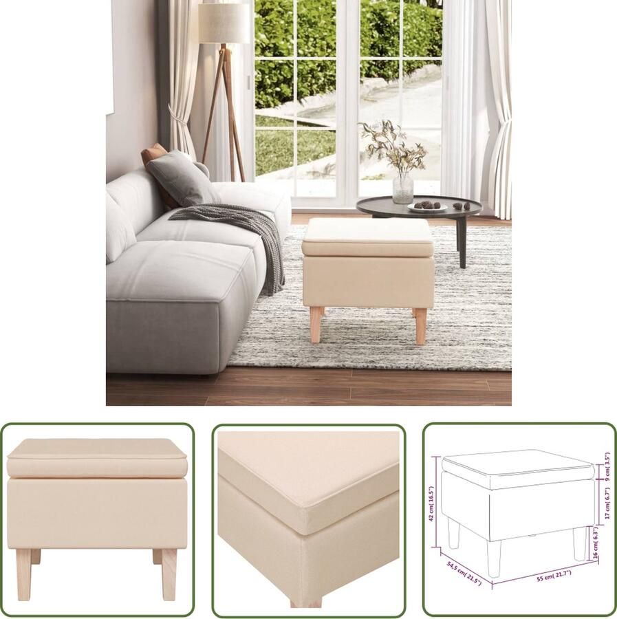 VidaXL The Living Store charmante kruk voetenbank 55x54.5x42 cm crème stof rubberwood poten - Foto 2