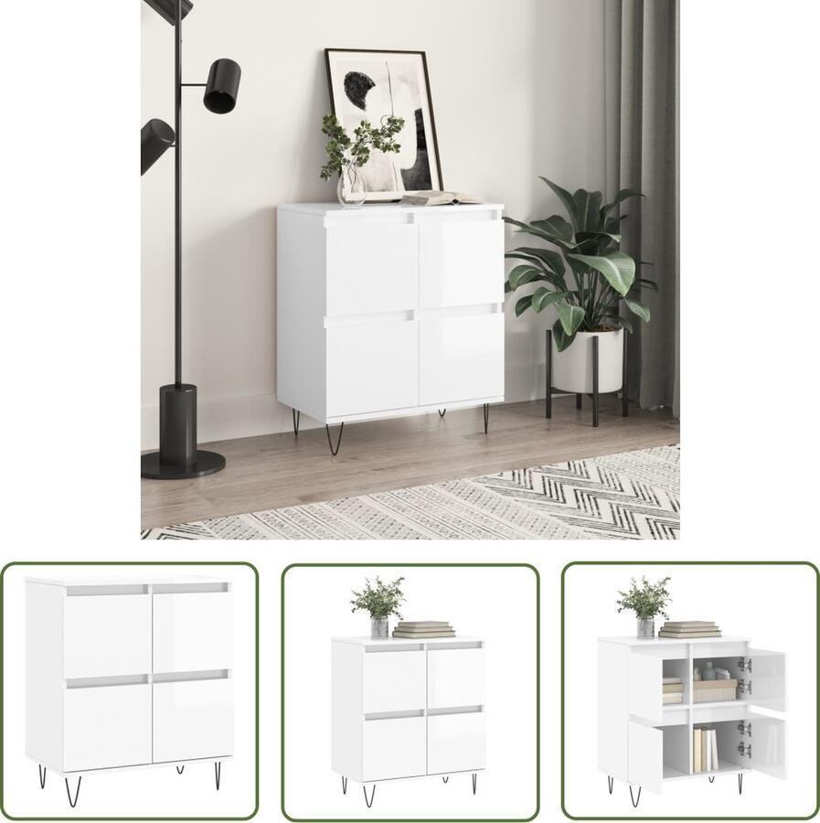 VidaXL The Living Store Dressoir 60x35x70 cm bewerkt hout hoogglans wit Dressoir Buffetkast Opbergkast Witte Kast Houten Dressoir