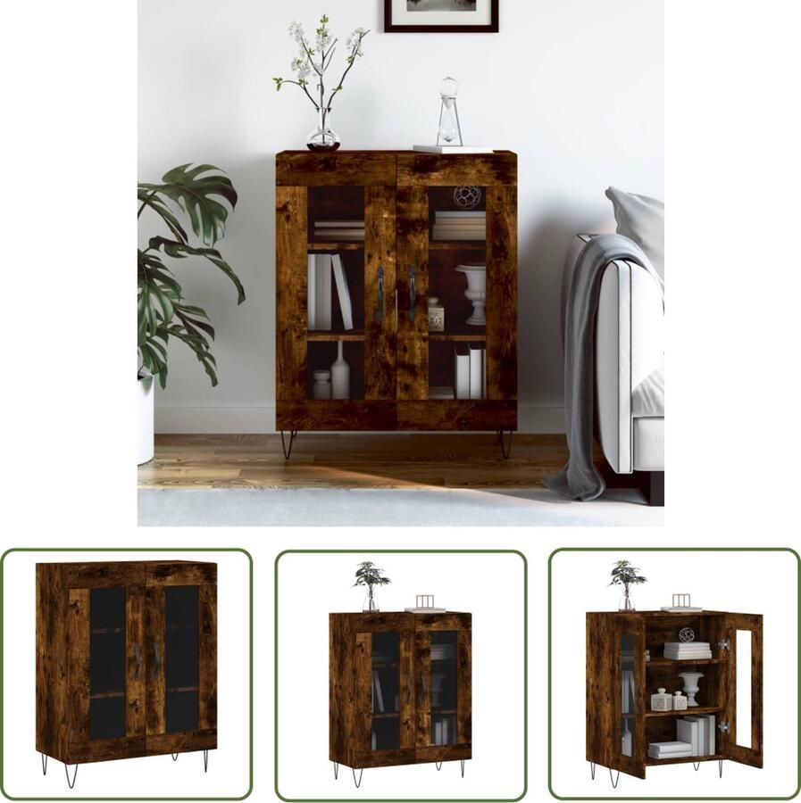 VidaXL The Living Store Dressoir Smoked Oak Houten kast met glazen ontwerp 69.5x34x90 cm Opbergruimte en displayfunctie