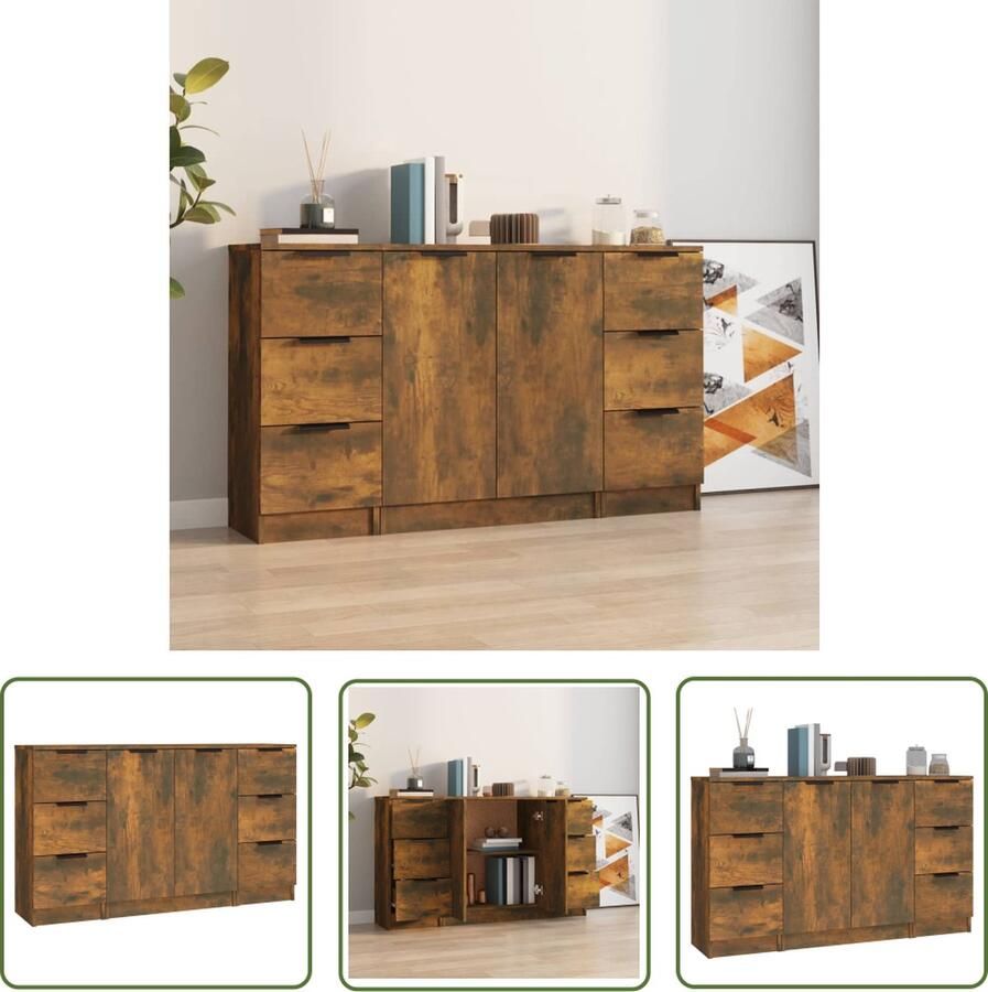VidaXL The Living Store Dressoirs 3 st bewerkt hout gerookt eikenkleurig Dressoir Houten Dressoir Gerookte Eik Opbergmeubel Salontafel