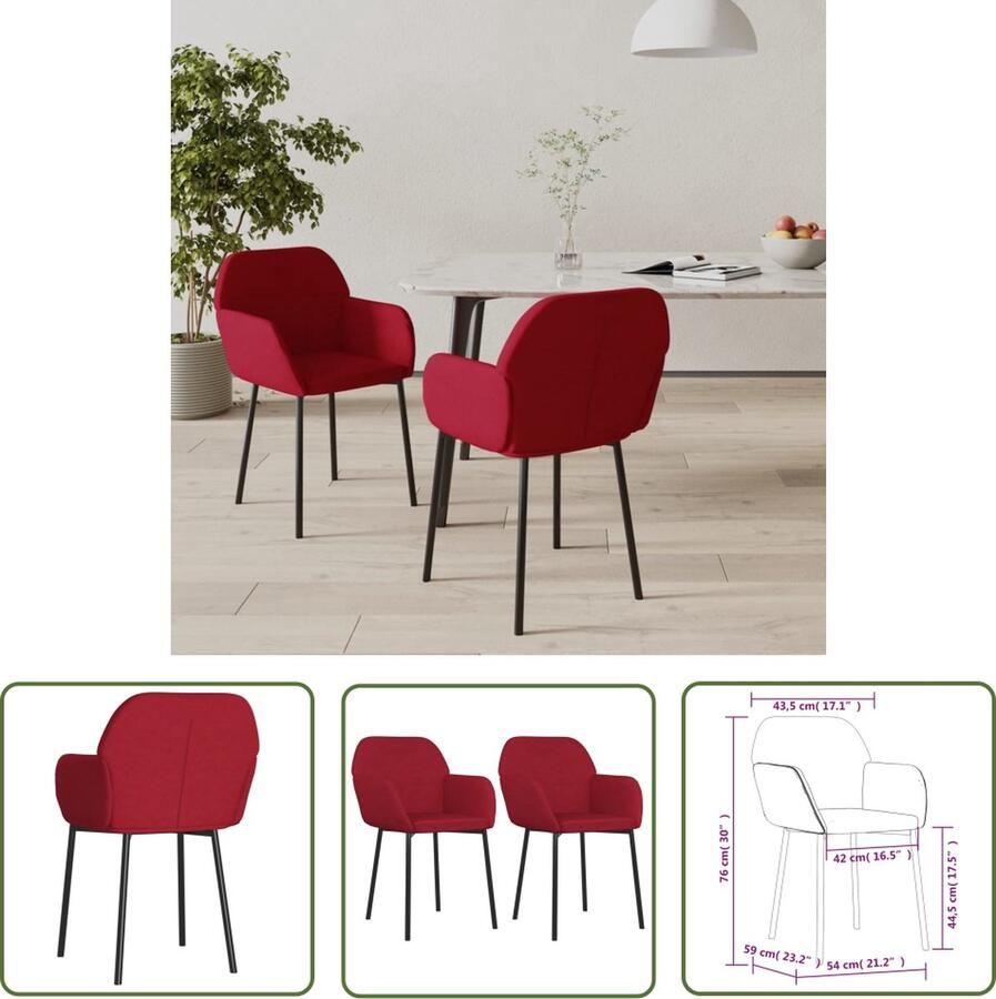 VidaXL The Living Store Eetkamerstoel fluweel wijnrood 54x59x76 cm ergonomisch ontworpen arm- en rugleuning stevig metalen en multiplex frame - Foto 2