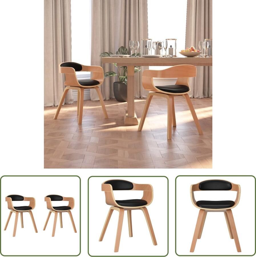 VidaXL The Living Store Eetkamerstoelen 2 st gebogen hout en kunstleer zwart Trendy Eetkamerstoelen Zwart Kunstleder Meubels Houten Eetkamerstoelen Moderne Eetkamerstoelen - Foto 2