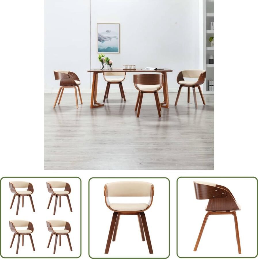 VidaXL The Living Store Eetkamerstoelen 4 st gebogen hout en kunstleer crèmekleurig Eetkamerstoel Kunstleder Houten Frame Creme Bruin - Foto 2