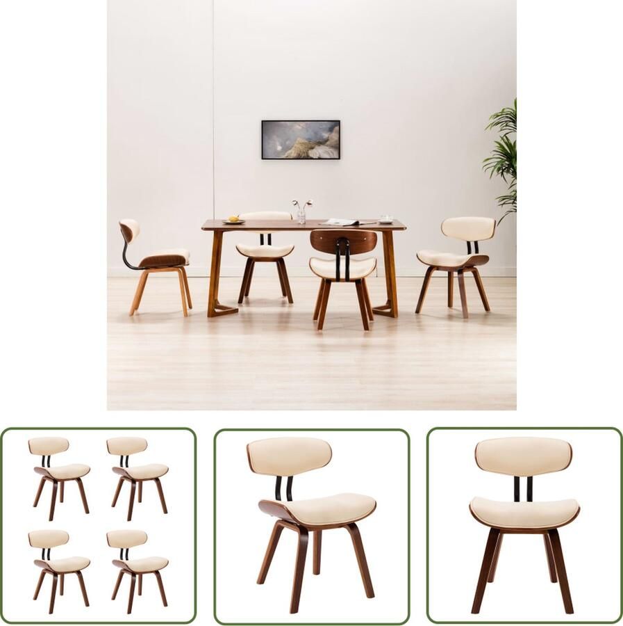 VidaXL The Living Store Eetkamerstoelen 4 st gebogen hout en kunstleer crèmekleurig Eetkamerstoelen Kunstleer Stoelen Vintage Stoelen Creme Bruine Stoelen Dining Chairs - Foto 2