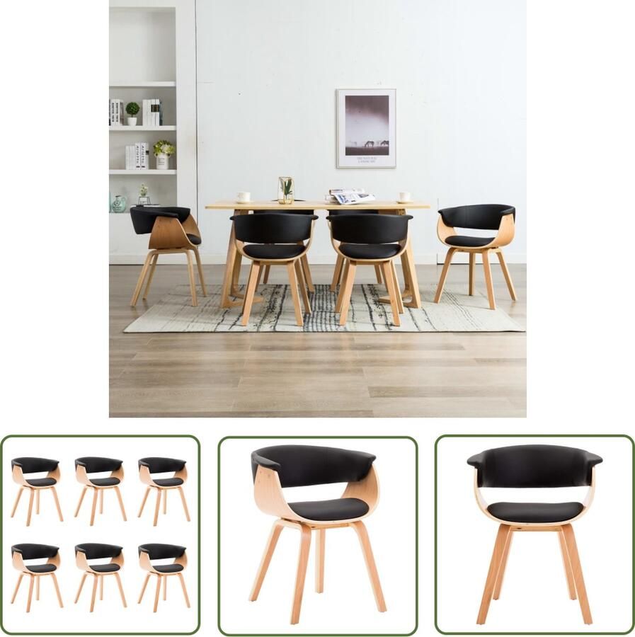 VidaXL The Living Store Eetkamerstoelen 6 st gebogen hout en kunstleer zwart Eetkamerstoelen Kunstleder Meubels Zwarte Stoelen Bruine Stoelen Eetkamer Sets - Foto 2