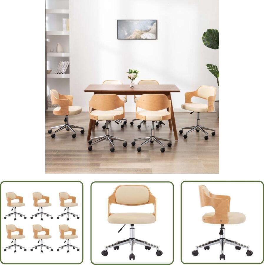 VidaXL The Living Store Eetkamerstoelen draaibaar 6 st gebogen hout en kunstleer crème Eetkamerstoelen Kunstleer Stoelen Creme Stoelen Comfortabele Stoelen Draaibare Stoelen - Foto 2