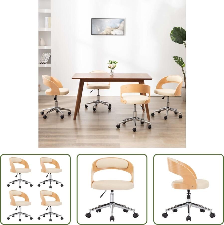 The Living Store Eetkamerstoelen draaibaar 4 st gebogen hout en kunstleer crème Eetkamerstoel - Foto 2