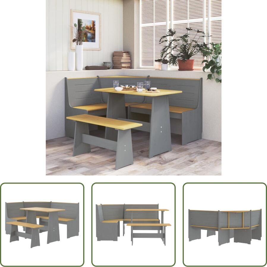 VidaXL The Living Store Eetmeubelset Massief grenenhout Hoekbank 151x118.5x85 cm Tafel 100x60x73 cm Bankje 92x28x43 cm