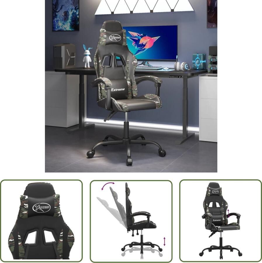 The Living Store Gamestoel Zwart Camouflage 57.5x59.5x(121-131)cm Verstelbare rugleuning en hoogte Gamingstoel Gamingstoelen Racecarstoel Bureaustoel Ergonomische Stoel - Foto 5