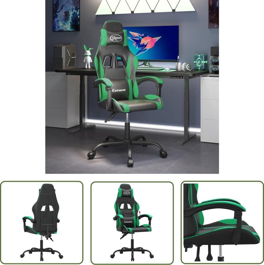 The Living Store Gamestoel Uniek ontwerp Duurzaam kunstleer Verstelbare rugleuning en hoogte Handig 360 graden draaibaar Stevig en stabiel frame Zwart groen 57.5 x 59.5 x (121-131) cm - Foto 6