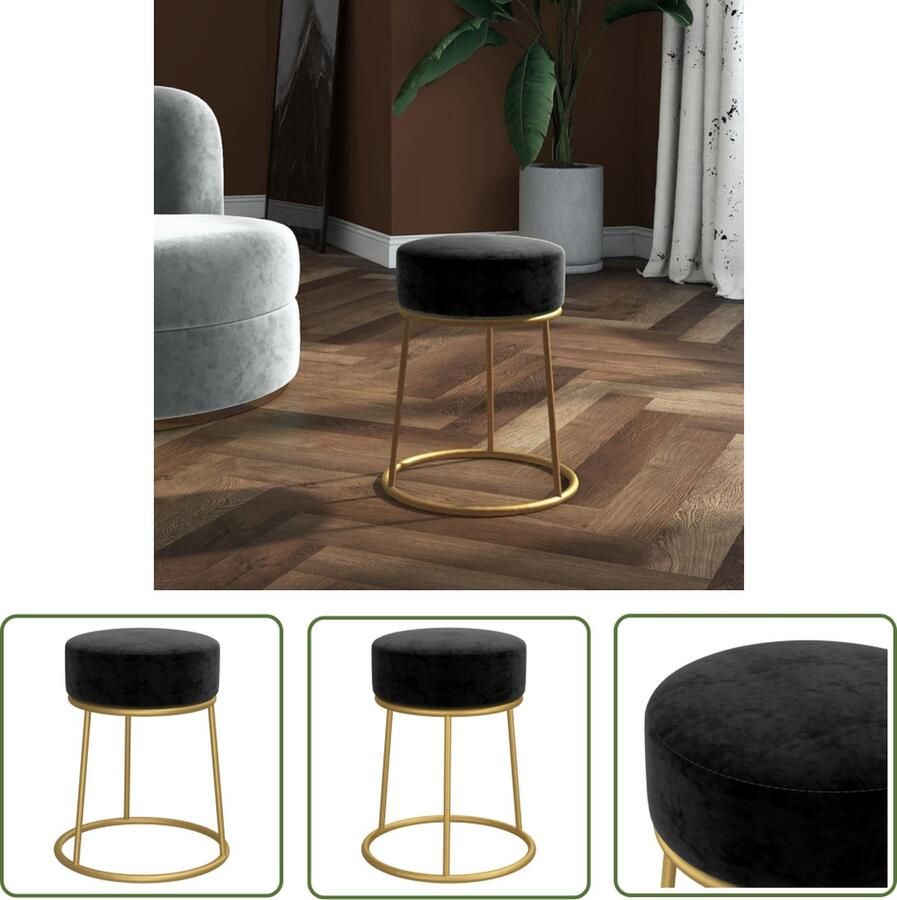 VidaXL The Living Store Hocker Ronde Poef Fluweel 30x38 cm Zwart Goud - Foto 2