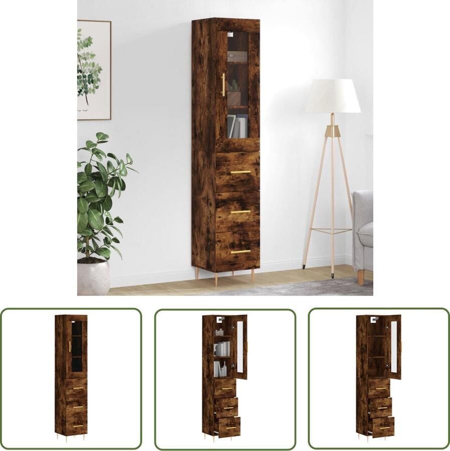 The Living Store Hoge kast 34-5x34x180 cm bewerkt hout gerookt eikenkleurig Keukenkast