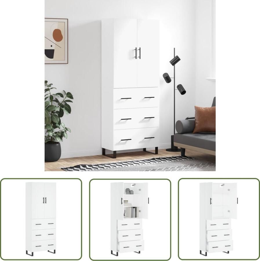 The Living Store Hoge kast 69 5x34x180 cm bewerkt hout wit Hoge Kast Witte Kast Houten Kast Opbergkast Woonkamer Kast - Foto 2