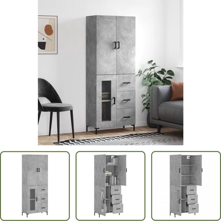 The Living Store Hoge kast Betongrijs 69.5 x 34 x 180 cm Duurzaam hout Voldoende opbergruimte Praktische deuren Metalen voeten Montage vereist - Foto 3