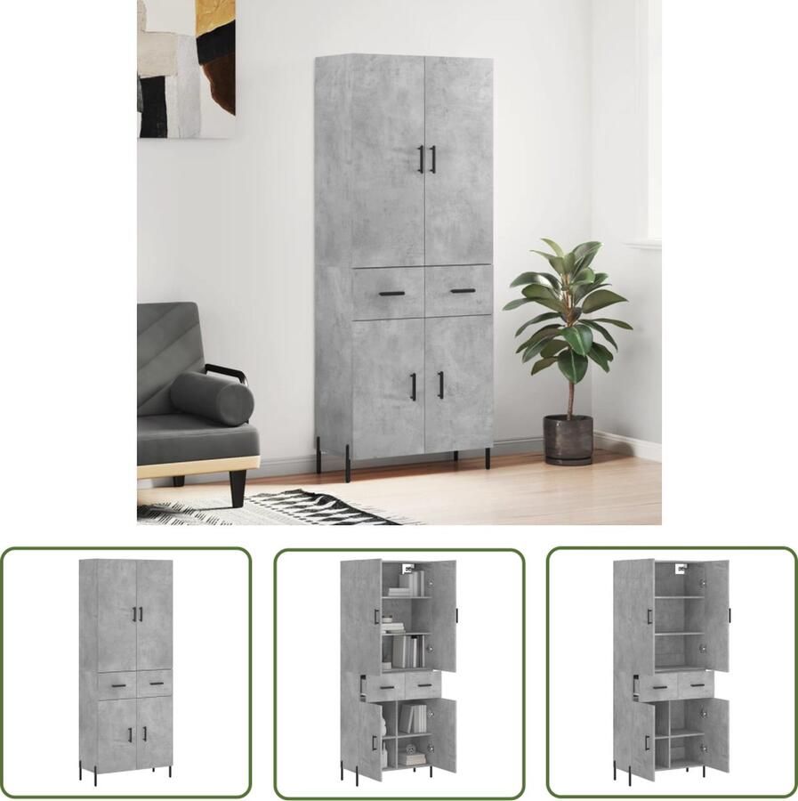 VidaXL The Living Store Hoge Kast Betongrijs Dressoir en Opzetkast 69.5 x 34 x 180 cm Duurzaam materiaal voldoende opbergruimte praktische deuren metalen voeten Montage vereist Inclusief 1 x dressoir en 1 x opzetkast The Living Store