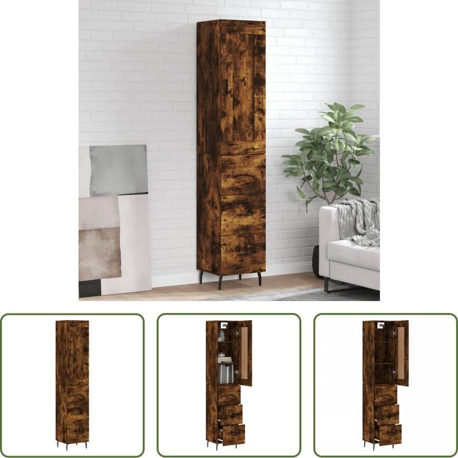 The Living Store Hoge kast 34 5x34x180 cm bewerkt hout gerookt eikenkleurig Hoge Kast Houten Kast Met Lade Bergruimte Vintage Kast - Foto 2
