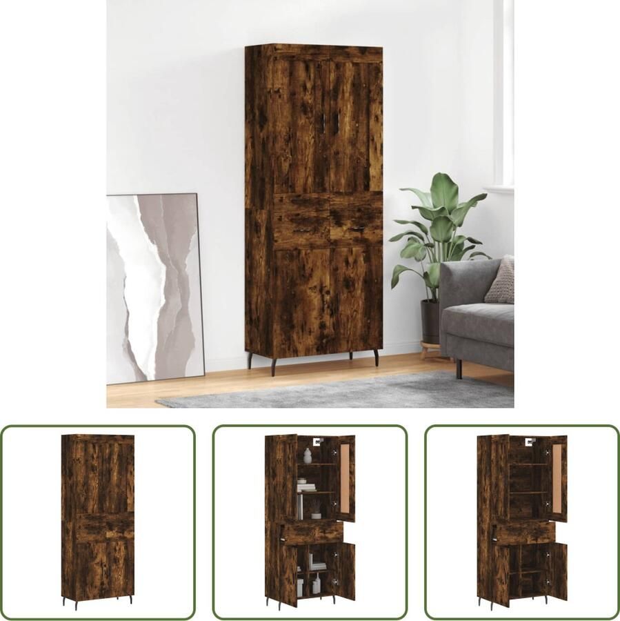 VidaXL The Living Store Hoge Kast Gerookt Eiken 69.5 x 34 x 180 cm Duurzaam Hout Metaal Opbergruimte Praktische Deuren Metalen Voeten Montage Vereist Inclusief Dressoir en Opzetkast