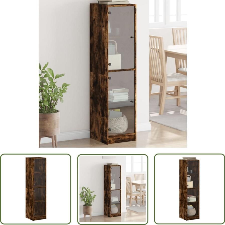 VidaXL The Living Store Hoge kast met glazen deuren 35x37x142 cm gerookt eikenkleurig Hoge Kast Houten Kast Vitrinekast Opbergkast Bergruimte