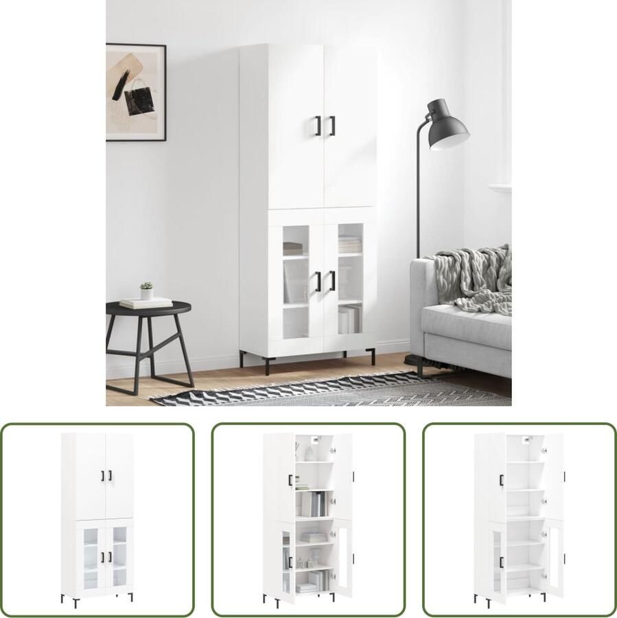 The Living Store Hoge Kast Wit 69.5 x 34 x 180 cm Duurzaam Voldoende opbergruimte Praktische deuren IJzeren poten Montage vereist - Foto 4