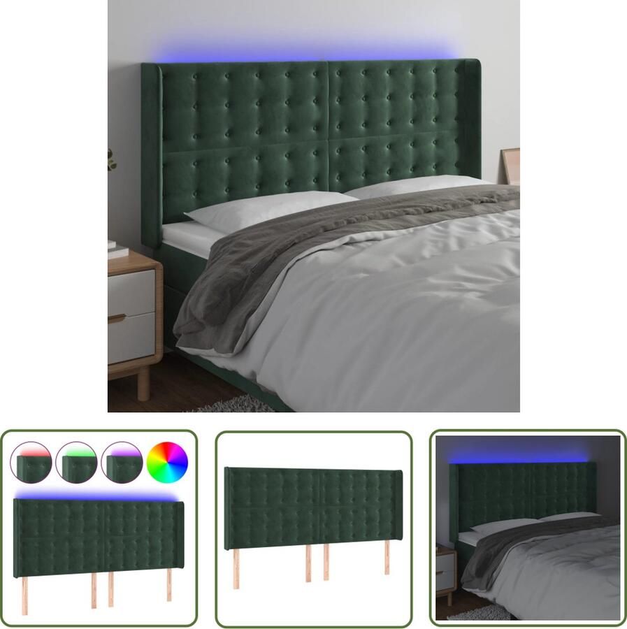 VidaXL The Living Store Hoofdbord Fluweel LED-verlichting Verstelbare hoogte Comfortabele ondersteuning Snijdbare LED-strip Donkergroen 183x16x118 128 cm