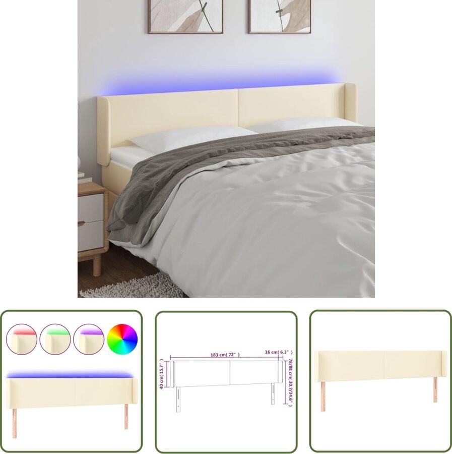 VidaXL The Living Store Hoofdbord LED crème 183 x 16 x 78 88 cm duurzaam kunstleer verstelbare hoogte kleurrijke LED-verlichting snijdbare LED-strip