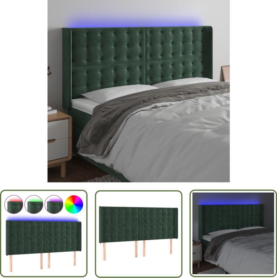VidaXL The Living Store Hoofdbord LED Donkergroen 203x16x118 128 cm Verstelbare hoogte Zacht fluweel Kleurrijke LED-verlichting Snijdbare LED-strip Montagehandleiding inclusief
