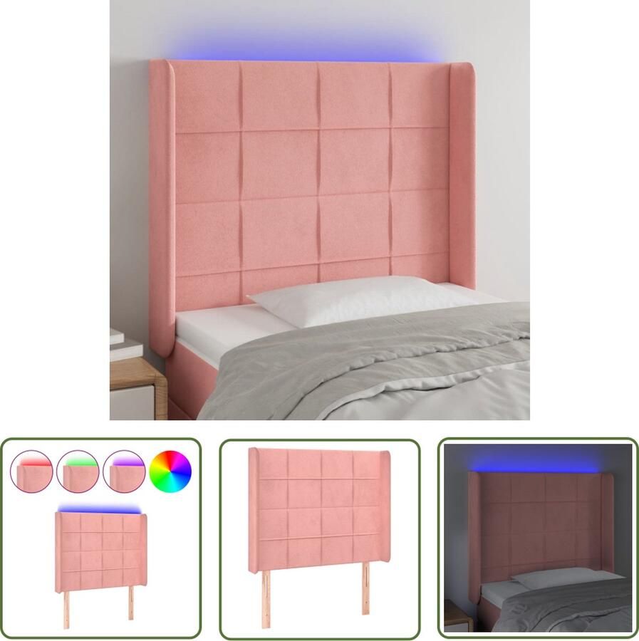 VidaXL The Living Store Hoofdbord LED-hoofdbord 93x16x118 128 cm roze Fluwelen stof Verstelbare hoogte Comfortabele ondersteuning Snijdbare LED-strip