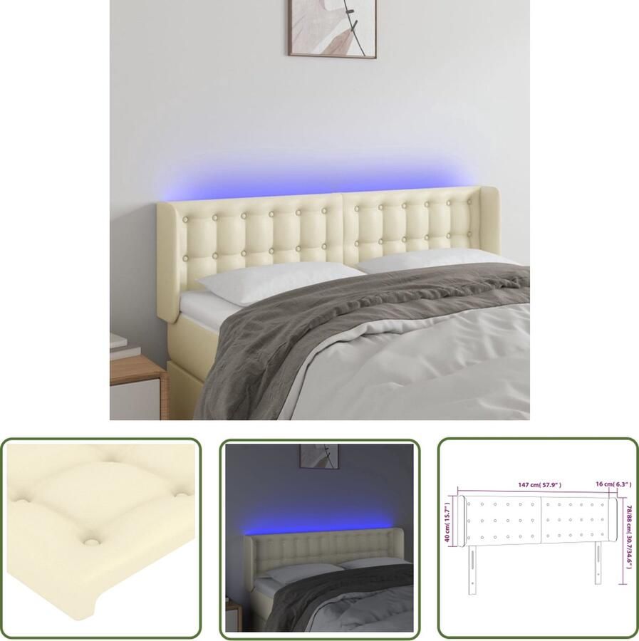 VidaXL The Living Store Hoofdbord LED Kunstleer Verstelbaar Crème 147x16x78 88 cm