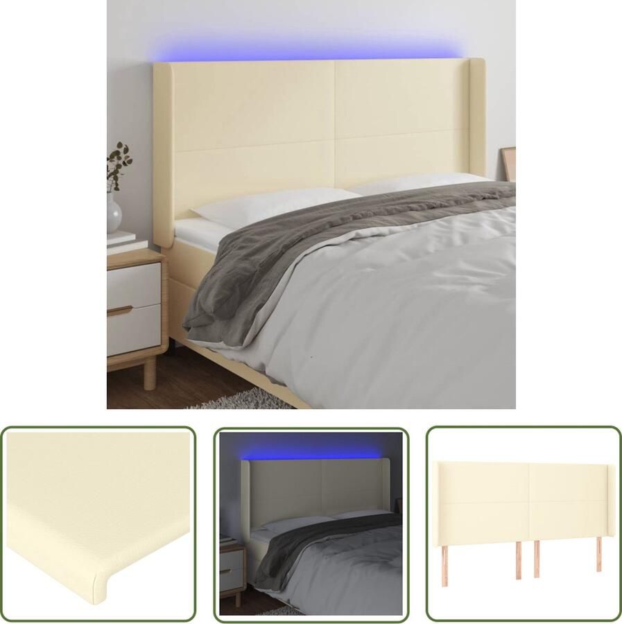 VidaXL The Living Store Hoofdbord LED-Verlichting 203 x 16 x 118 128 cm Crème Kunstleer