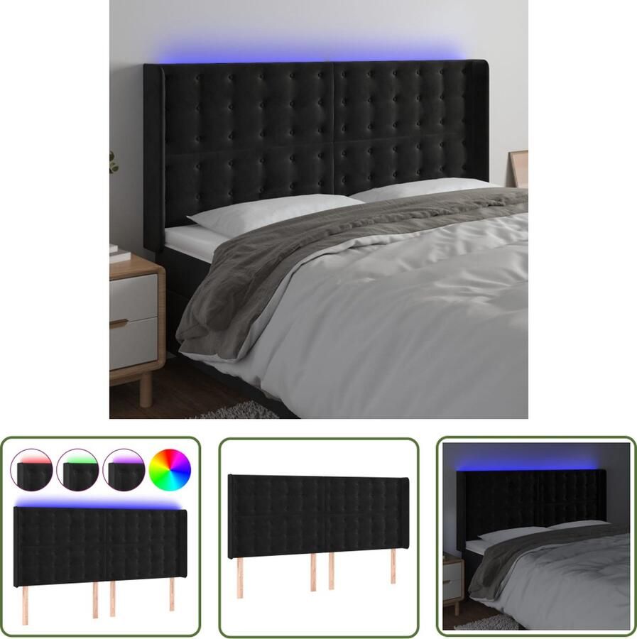 VidaXL The Living Store Hoofdbord LED Zwart 163 x 16 cm Zacht fluweel Kleurrijke LED-verlichting Verstelbare hoogte Comfortabele ondersteuning Snijdbare LED-strip Montagehandleiding bijgevoegd