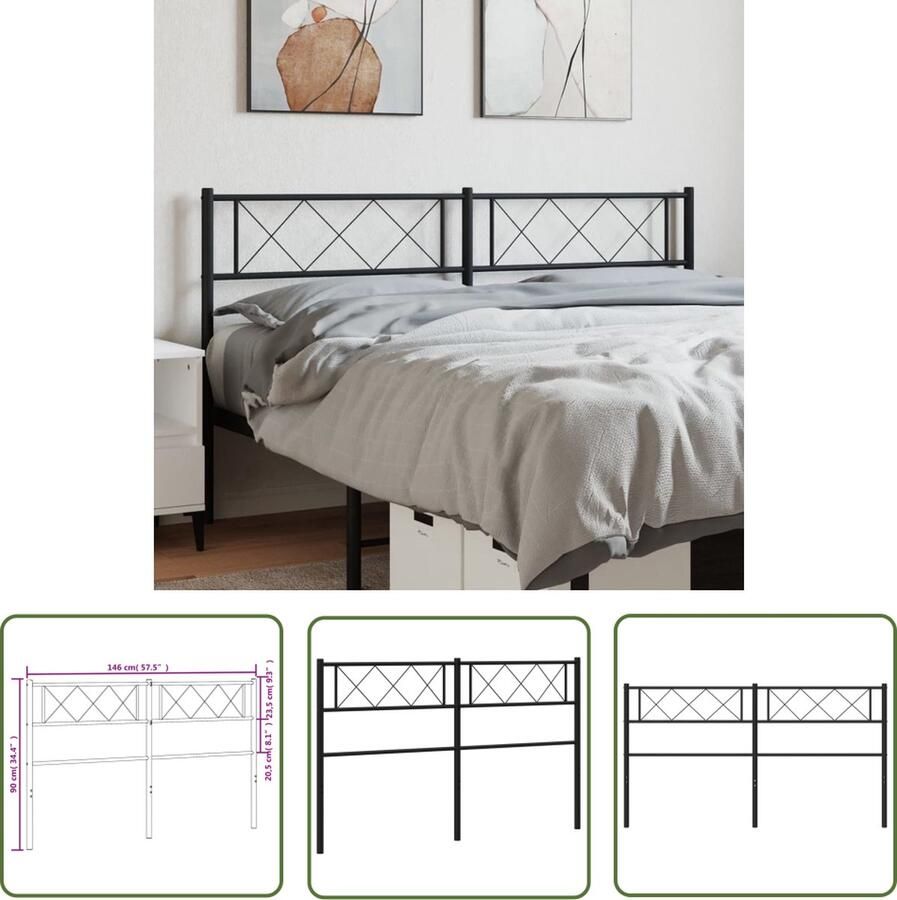 VidaXL The Living Store Hoofdbord Metalen Zwart 146 x 3 x 90 cm Robuuste constructie