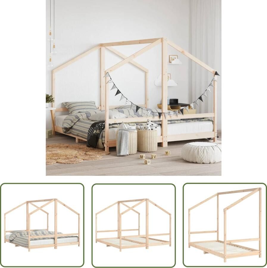 VidaXL The Living Store Houten Bedframe Kinderbed Massief grenenhout Multiplex lattenbodem Peuterbed Met bedgordijnen 205.5x171x158 cm Geschikt voor matras 90x200 cm Montage vereist The Living Store