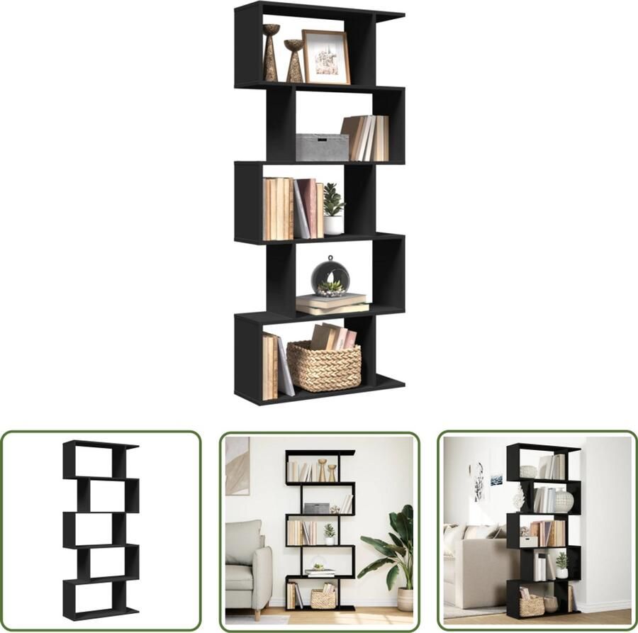 VidaXL The Living Store Kamerscherm boekenkast 5-laags 70x24x161 cm hout zwart Boekenkast Kamerscherm Houten Boekenkast Zwarte Boekenkast Opbergkast