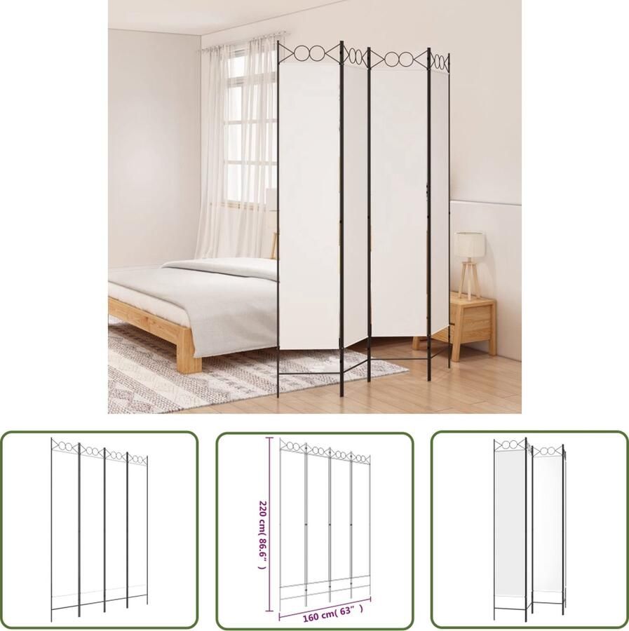 VidaXL The Living Store Kamerscherm Wit 160 x 220 cm Inklapbaar 100% polyester Duurzaam 4 panelen
