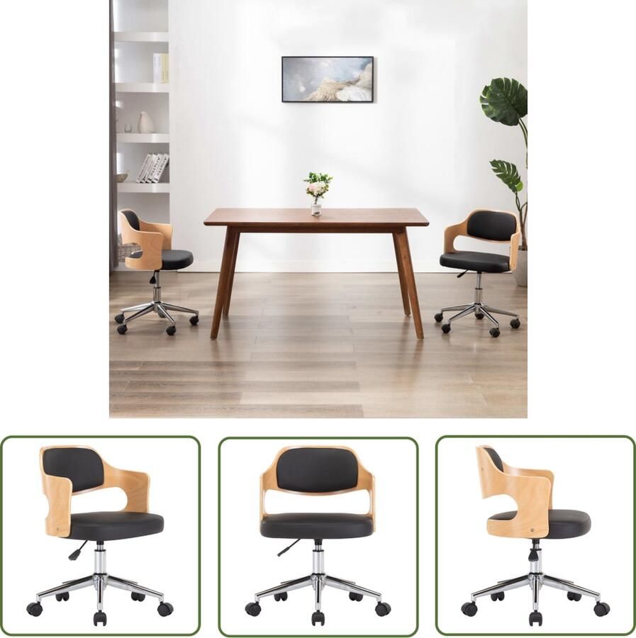 The Living Store Bureaustoel Kunstleer Gebogen hout Metaal 47.5 x 53 x (68-76) cm Zwart Kantoorstoel Bureaustoel Ergonomische Stoel Zwarte Stoel Kunstlederen Stoel - Foto 3