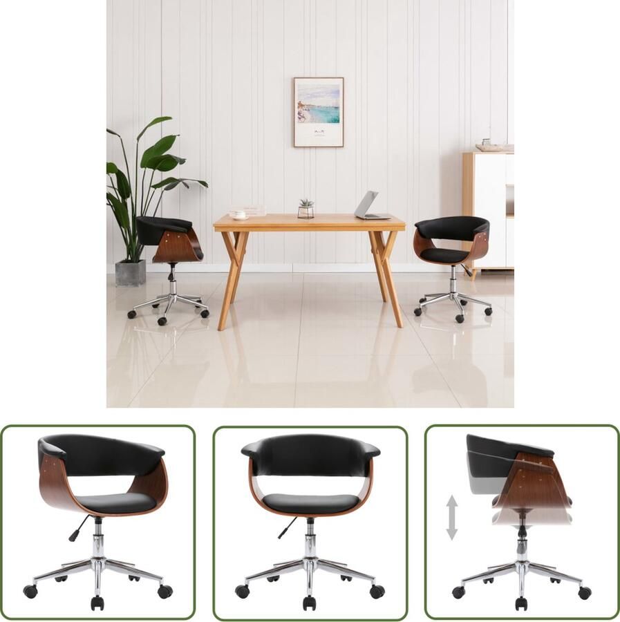 The Living Store Draaibare Eetkamerstoel Zwart 59.5 x 58 x (66-74) cm Kunstleer Hout en Metaal Draaibare Eetkamerstoel Zwarte Eetkamerstoel Modern Kunstlederen Eetkamerstoel Comfortabele Eetkamerstoel - Foto 3