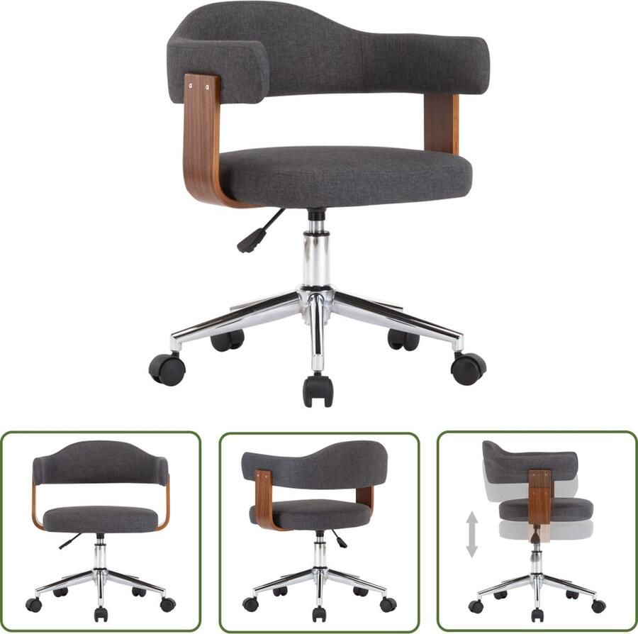 VidaXL The Living Store Kantoorstoel draaibaar gebogen hout en stof grijs Kantoorstoel Bureaustoel Ergonomische Stoel Draaibare Stoel Comfortabele Stoel - Foto 2