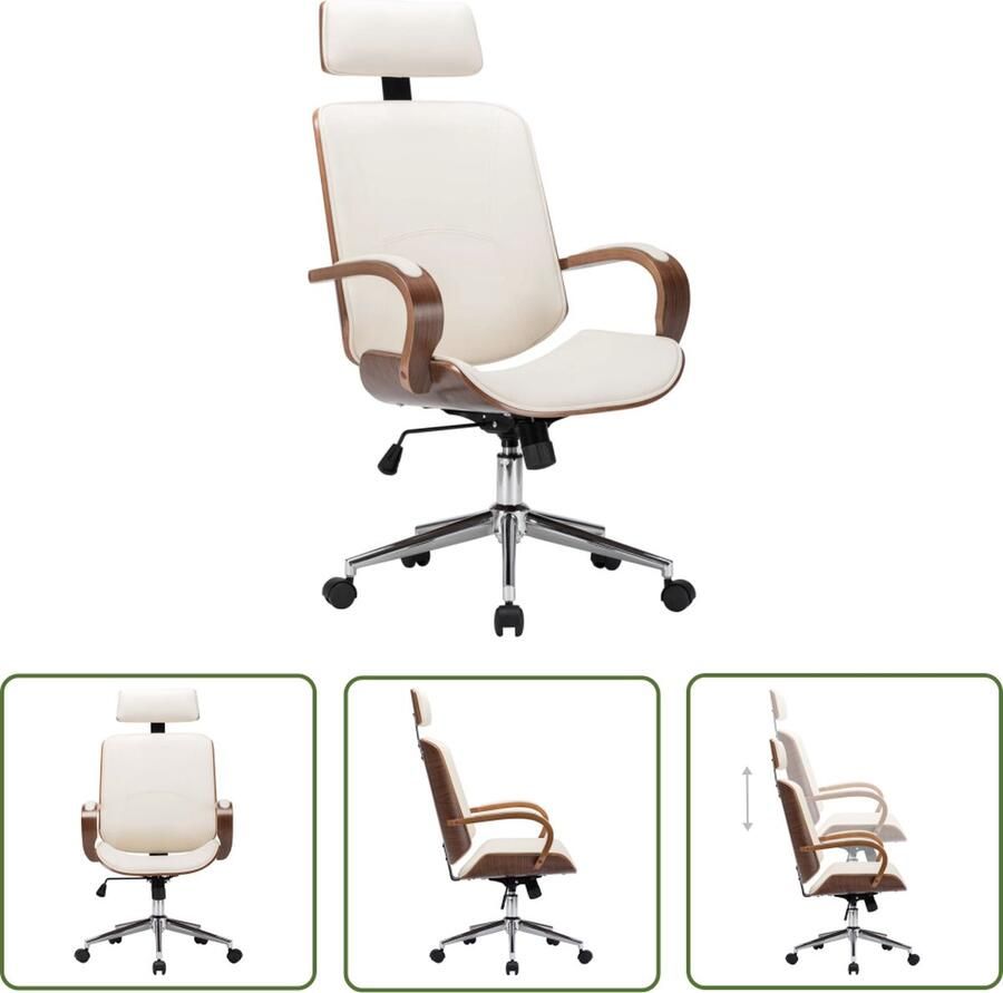 VidaXL The Living Store Kantoorstoel draaibaar met hoofdsteun kunstleer en hout crème Kantoorstoel Bureaustoel Ergonomische Stoel Computerstoel Luxe Stoel - Foto 2