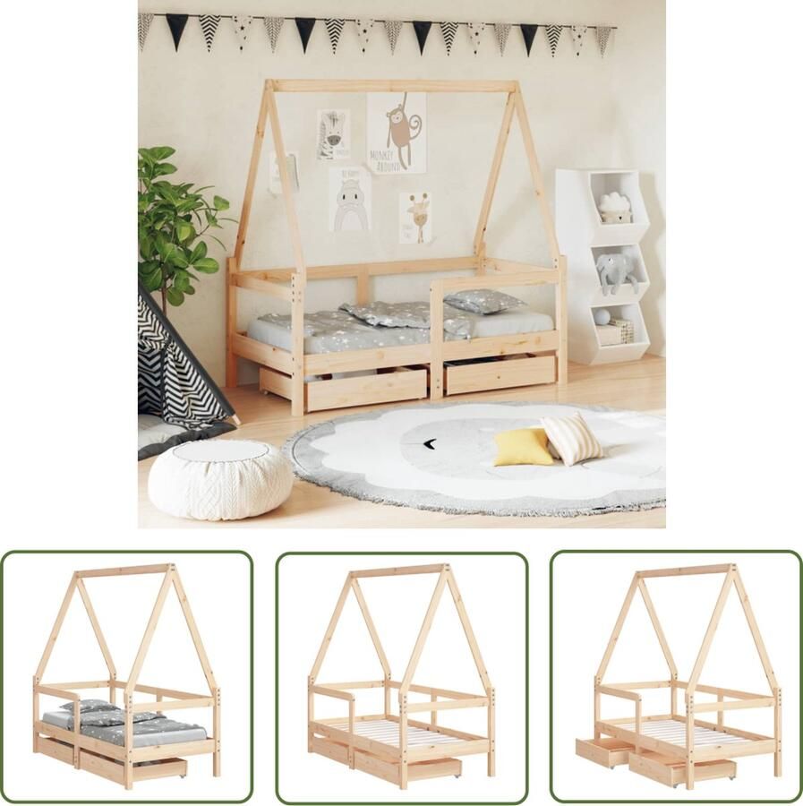 VidaXL The Living Store Kinderbed Houten Peuterbed 145.5 x 75.5 x 147 cm Grenenhout Huisje Ontwerp Opberglade Geschikt voor 18m-4j