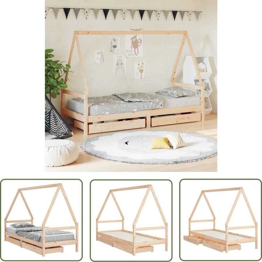 VidaXL The Living Store Kinderbedframe Houten peuterbed met dakvorm en opberglades 205.5 x 95.5 x 143 cm Geschikt voor kinderen vanaf 4 jaar Massief grenenhout