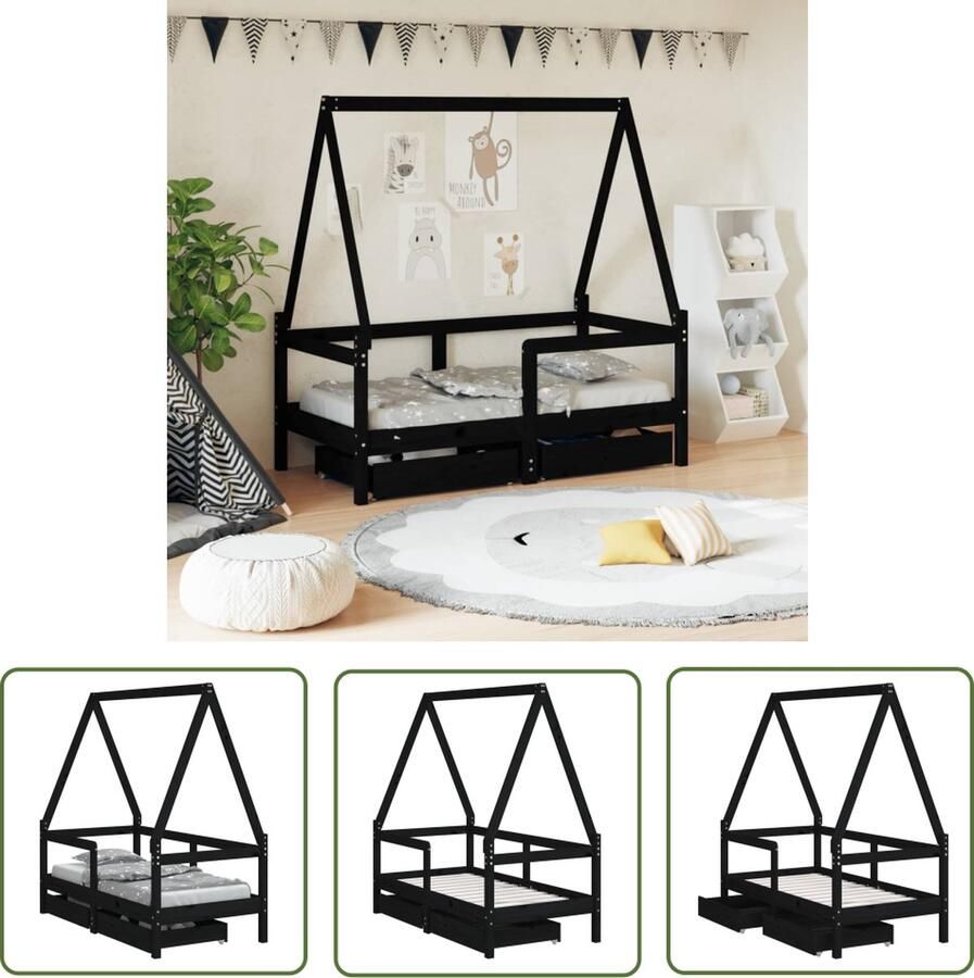 The Living Store Houten Kinderbedframe Peuterbed Zwarte kleur Massief grenenhout 145.5x75.5x147cm 70x140cm matras Opberglade Montage vereist Kinderbed Houten Bed Peuterbed Kids Bed Grenenhouten Bed